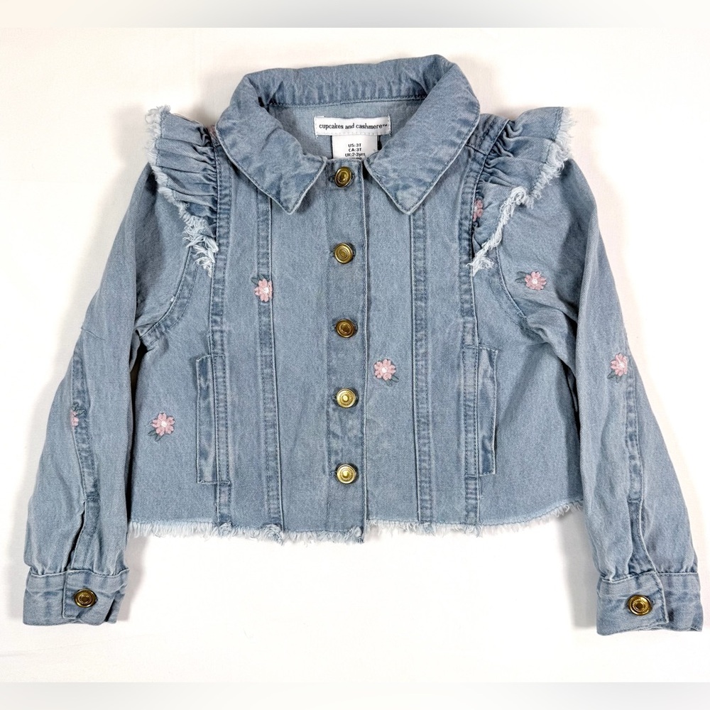 CUPCAKES AND CASHMERE Toddler Girls' Denim Ruffle Raw Hem Floral Jacket Size 3T